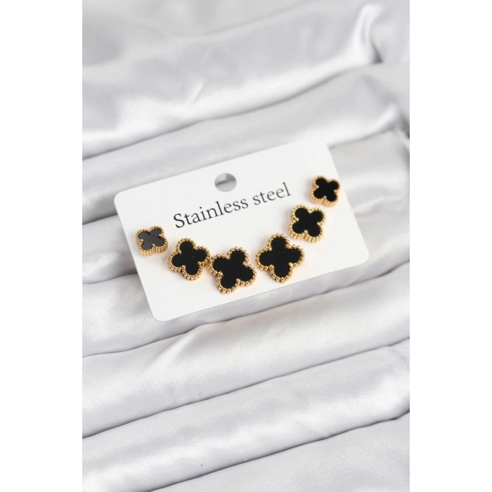 ÇOK SATAN BFS 316L Çelik Gold Siyah Renk 3 Boy Yonca Küpe Seti