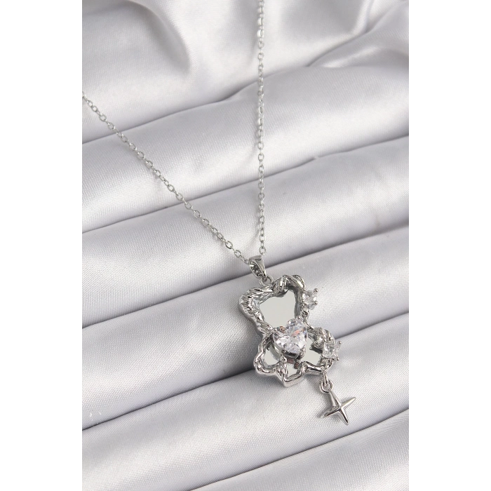 BFS 316L Çelik Gümüş Renk Ayna Ayıcık Model Zirkon Taşlı Kalp Detay Kadın Kolye
