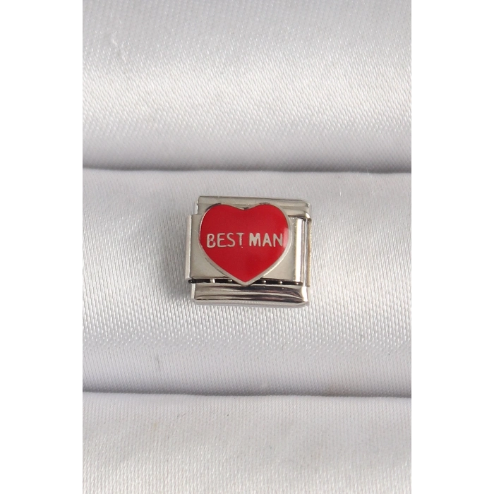 BFS 316L Çelik Gümüş Renk Best Man Yazılı Kırmızı Kalp İşlemeli Nomination Charm
