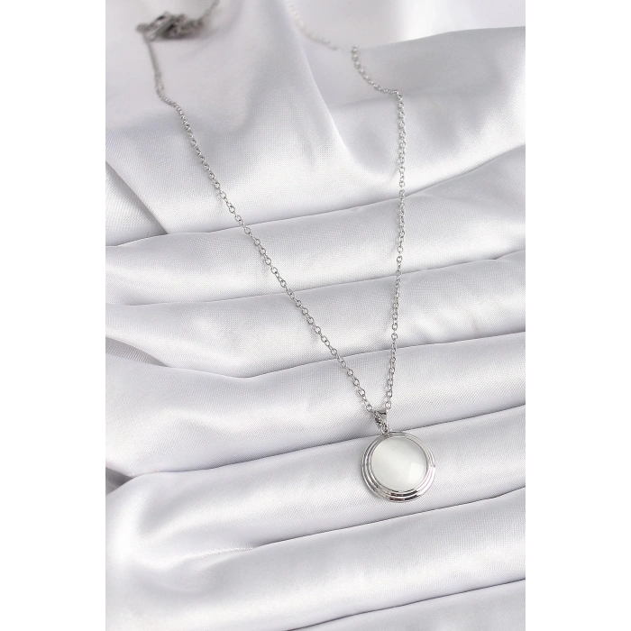 BFS 316L Çelik Gümüş Renk Beyaz Sedefli Daire Model Kadın Kolye