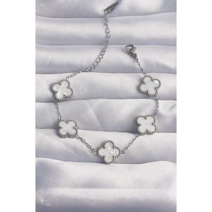 BFS 316L Çelik Gümüş Renk Beyaz Sedefli Yonca Bileklik