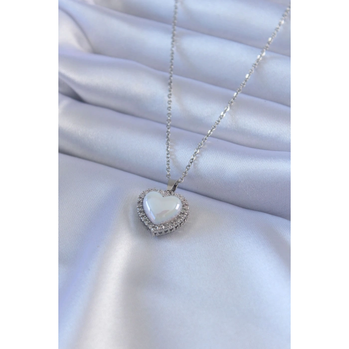 ÇOK SATAN BFS 316L Çelik Gümüş Renk İncili Kalp Model Zirkon Taşlı Kadın Kolye