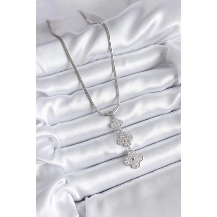 ÇOK SATAN BFS 316L Çelik Gümüş Renk İtalyan Zincir Zirkon Taşı Yonca Model Kadın Kolye