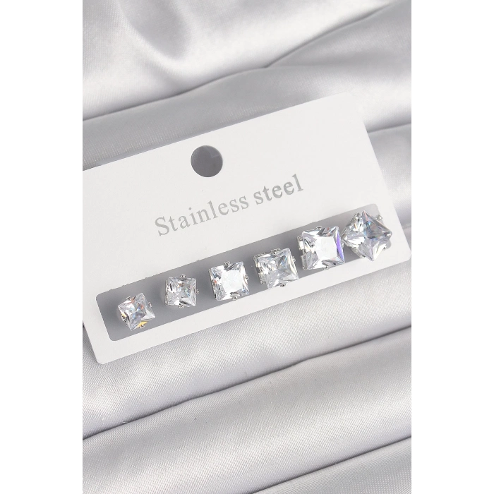 ÇOK SATAN BFS 316L Çelik Gümüş Renk Kare Zirkon Taşlı Kadın Küpe Seti