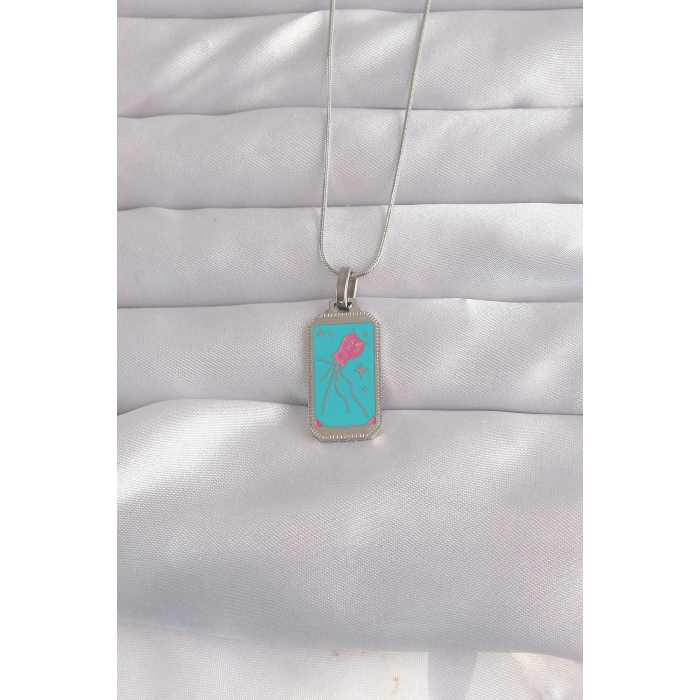 BFS 316L Çelik Gümüş Renk Mavi Mineli Tarot Kolye