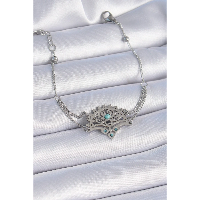 ÇOK SATAN BFS 316L Çelik Gümüş Renk Mavi Taşlı Etnik Desen Kadın Bileklik