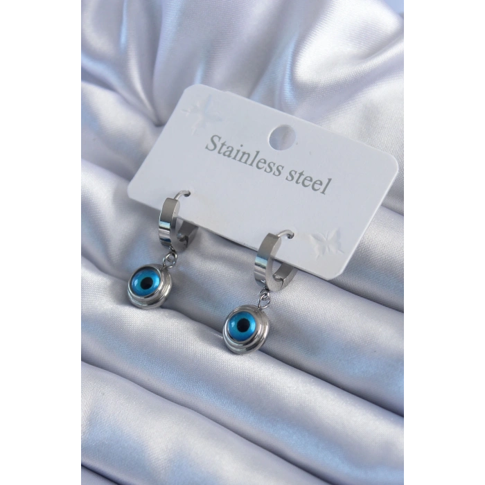 ÇOK SATAN BFS 316L Çelik Gümüş Renk Nazar Boncuk Model Kadın Küpe