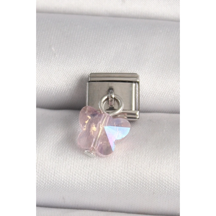 BFS 316L Çelik Gümüş Renk Pembe Zirkon Taşlı Kelebek Model Nomination Charm
