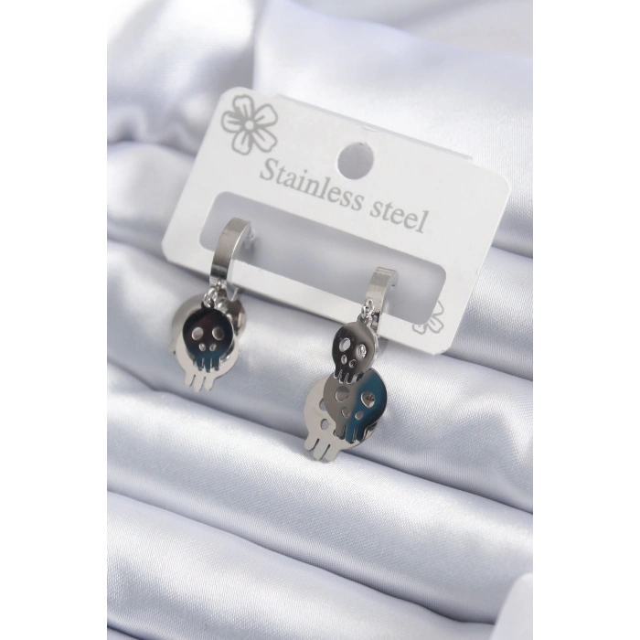 ÇOK SATAN BFS 316L Çelik Gümüş Renk Sallantı Kuru Kafa Model Kadın Küpe