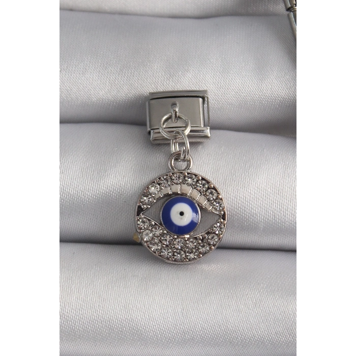 ÇOK SATAN BFS 316L Çelik Gümüş Renk Sallantı Zirkon Taşlı Göz Model Nazar Boncuk Detay Nomination Charm