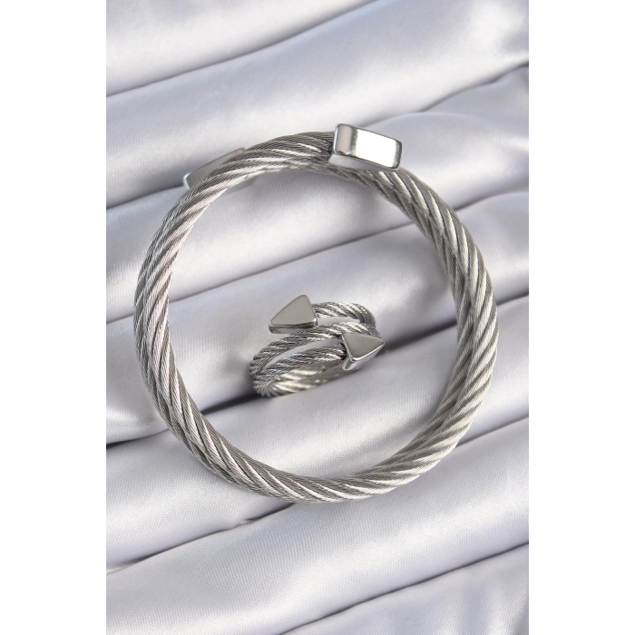 ÇOK SATAN BFS 316L Çelik Gümüş Renk Sarmal Model Erkek Bileklik Yüzük Kombini