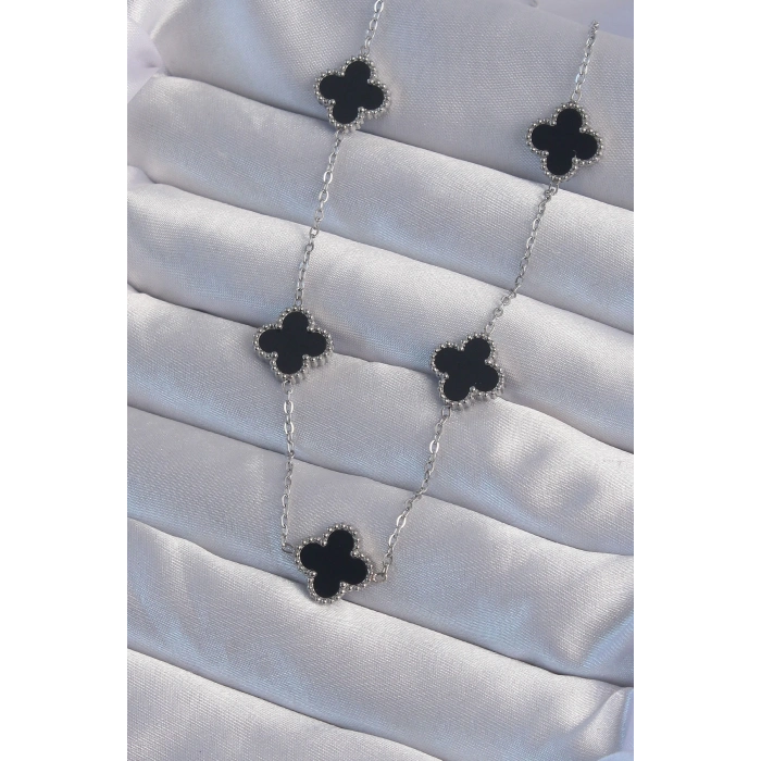 BFS 316L Çelik Gümüş Renk Siyah Mineli Yonca Kolye