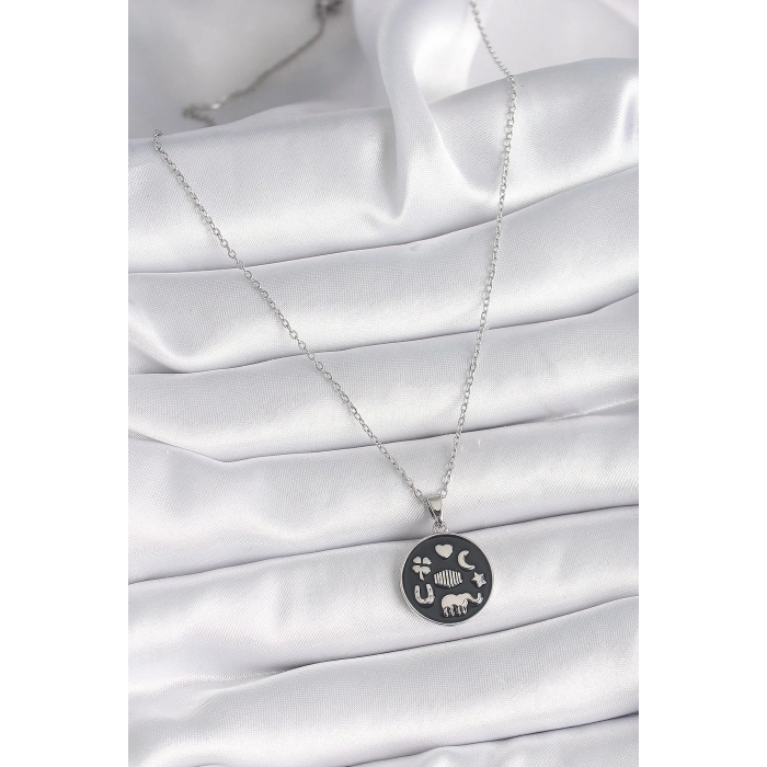 BFS 316L Çelik Gümüş Renk Siyah Renk Şans Kolyesi