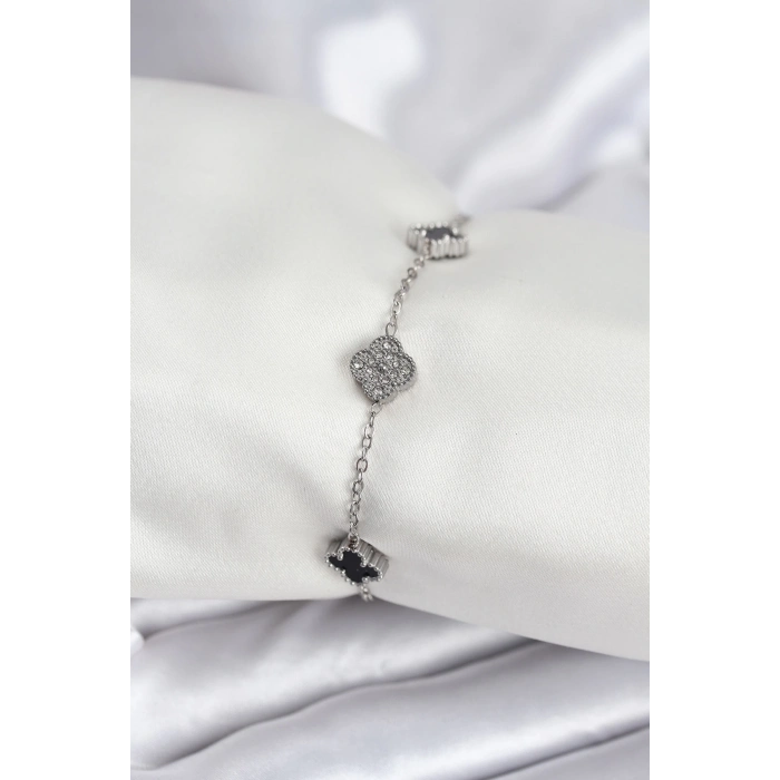 BFS 316L Çelik Gümüş Renk Siyah ve Zirkon Taşlı Baby Boy Yonca Kadın Bileklik