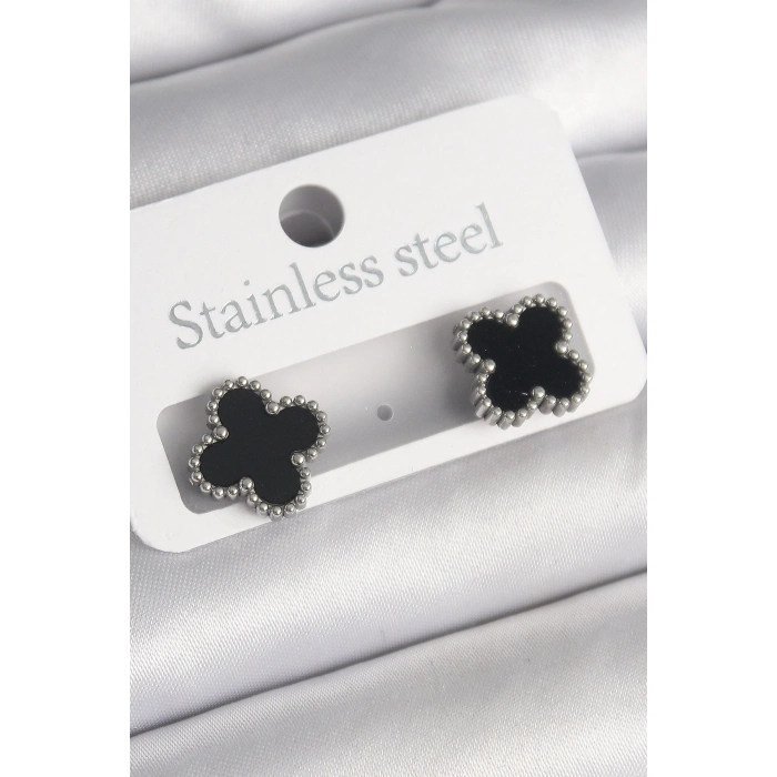 BFS 316L Çelik Gümüş Renk Siyah Yonca Model Kadın Küpe