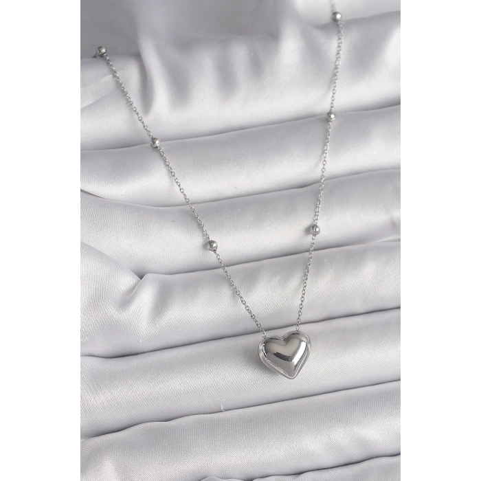 BFS 316L Çelik Gümüş Renk Topçuk Detay Zincir Kalp Model Kadın Kolye