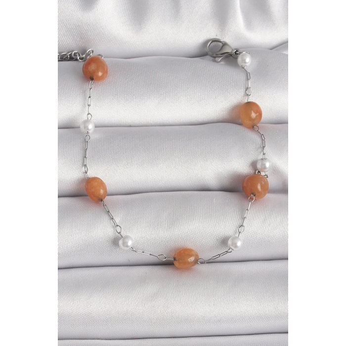 BFS 316L Çelik Gümüş Renk Turuncu Doğaltaş Model İnci Detay Kadın Bileklik