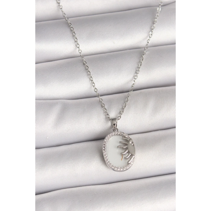 BFS 316L Çelik Gümüş Renk Zincir Beyaz Mineli Gün Batımı Model Zirkon Taş Detaylı Kadın Kolye