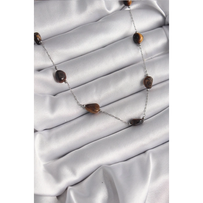 BFS 316L Çelik Gümüş Renk Zincir Kahverengi Doğaltaş Model Kadın Kolye