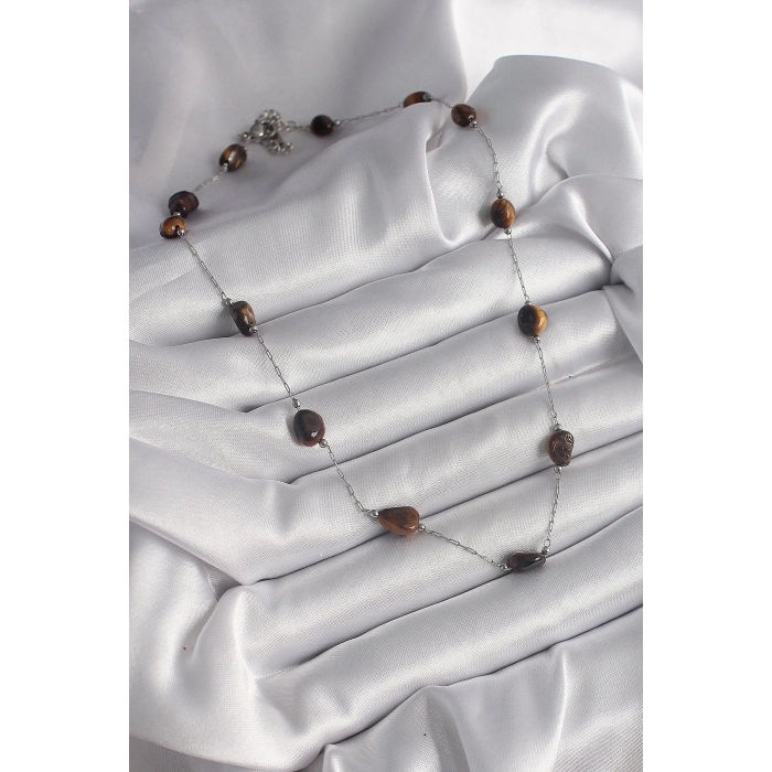 BFS 316L Çelik Gümüş Renk Zincir Kahverengi Doğaltaş Model Kadın Kolye