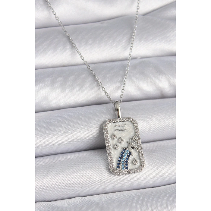 BFS 316L Çelik Gümüş Renk Zincir Kova Burcu Zirkon Taşlı Kadın Kolye