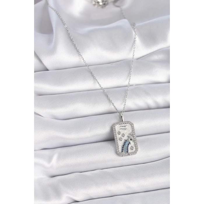BFS 316L Çelik Gümüş Renk Zincir Kova Burcu Zirkon Taşlı Kadın Kolye