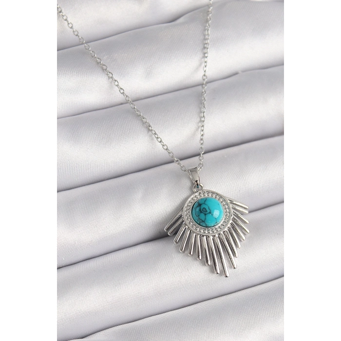 BFS 316L Çelik Gümüş Renk Zincir Mavi Boncuklu Zirkon Taşlı Kadın Kolye