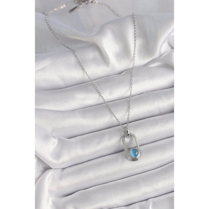 BFS 316L Çelik Gümüş Renk Zincir Mavi Kedi Göz Model Kadın Kolye