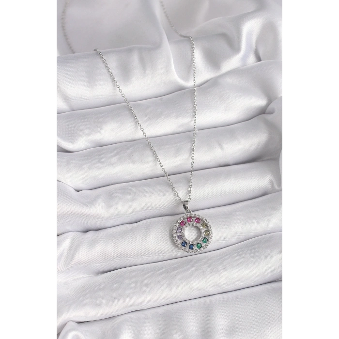 BFS 316L Çelik Gümüş Renk Zincir Renkli Zirkon Taşlı Madalyon Model Kadın Kolye