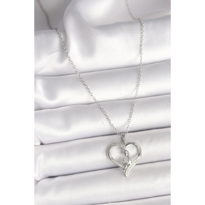 BFS 316L Çelik Gümüş Renk Zincir Zirkon Taş Detaylı Kalp Model Kadın Kolye