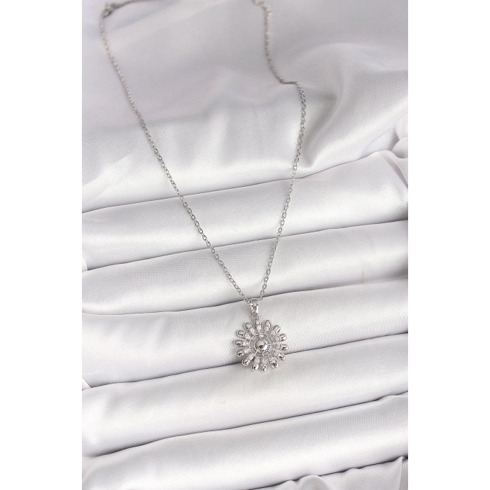BFS 316L Çelik Gümüş Renk Zincir Zirkon Taşlı Güneş Model Kadın Kolye