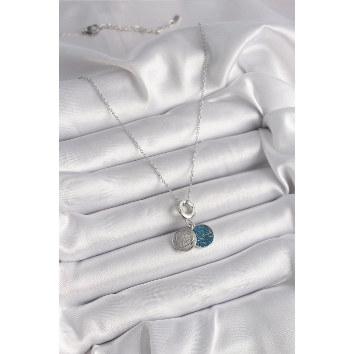 BFS 316L Çelik Gümüş Renk Zincir Zirkon Taşlı İşleme Mavi Simli Kadın Kolye