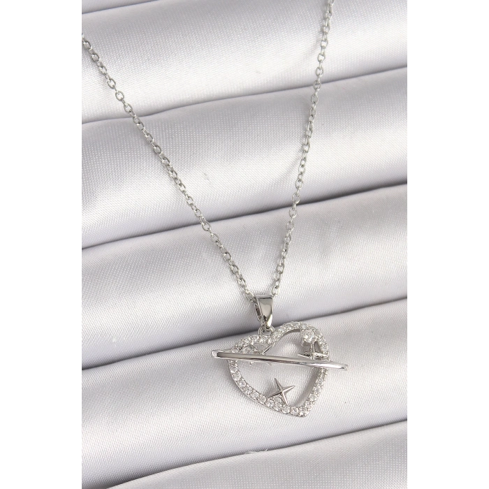 BFS 316L Çelik Gümüş Renk Zincir Zirkon Taşlı Kalp Model Yıldız Detay Kadın Kolye