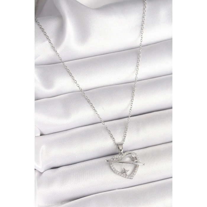 BFS 316L Çelik Gümüş Renk Zincir Zirkon Taşlı Kalp Model Yıldız Detay Kadın Kolye