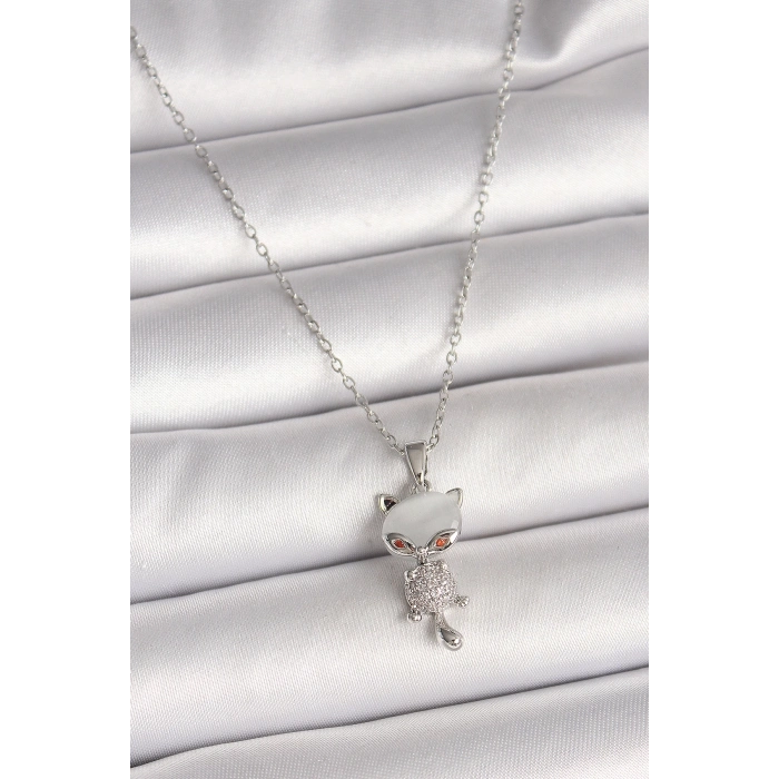 BFS 316L Çelik Gümüş Renk Zincir Zirkon Taşlı Kedi Model Kadın Kolye