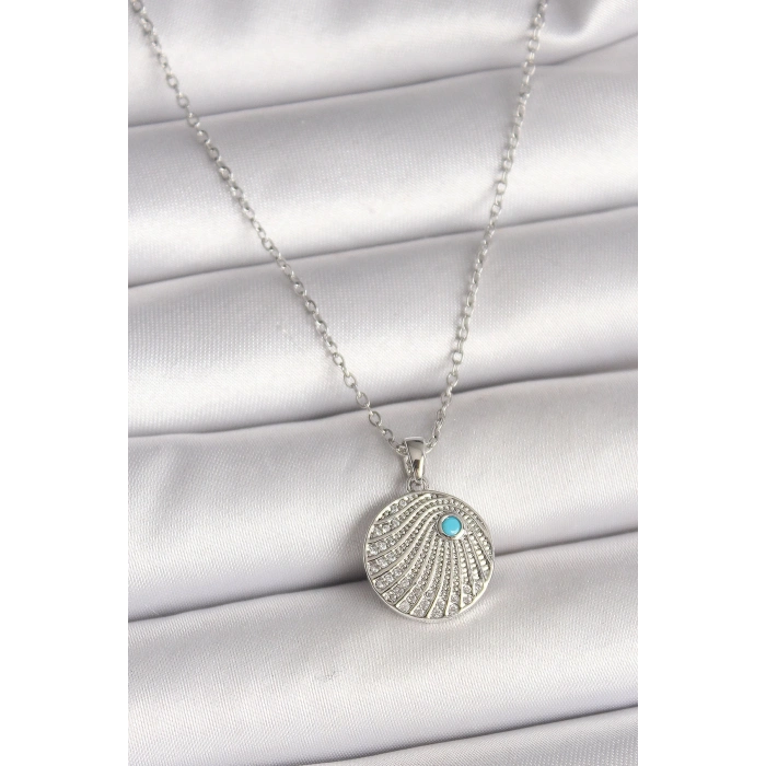 BFS 316L Çelik Gümüş Renk Zincir Zirkon Taşlı Mavi Taş Detaylı Madalyon Model Kadın Kolye