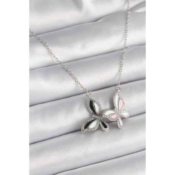 BFS 316L Çelik Gümüş Renk Zincir Zirkon Taşlı Renkli Kelebek Model Kadın Kolye