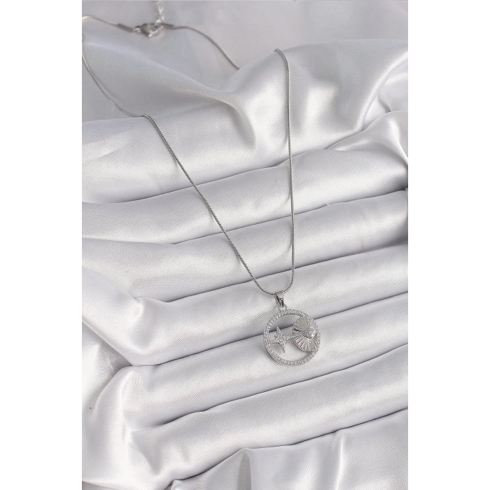 BFS 316L Çelik Gümüş Renk Zincir Zirkon Taşlı Yıldız Madalyon Model Kadın Kolye