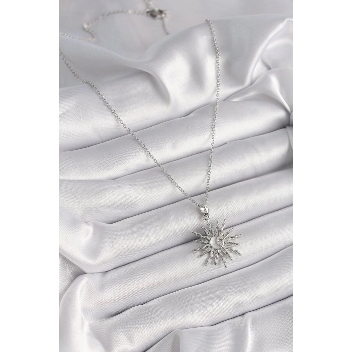 BFS 316L Çelik Gümüş Renk Zincir Zirkon Taşlı Yıldız Model Sedefli Ay İşleme Detay Kadın Kolye