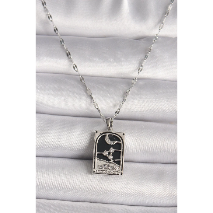 BFS 316L Çelik Gümüş Renk Zirkon Taşlı  Ay Figürlü Taror Model Kadın Kolye