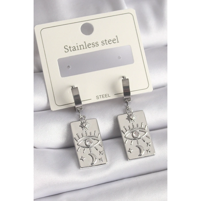 BFS 316L Çelik Gümüş Renk Zirkon Taşlı Göz İşleme Detaylı Plaka Model Kadın Küpe