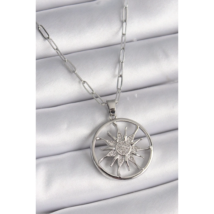 BFS 316L Çelik Gümüş Renk Zirkon Taşlı Güneş Madalyon Model Kadın Kolye