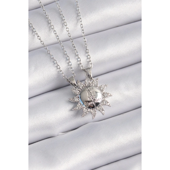 BFS 316L Çelik Gümüş Renk Zirkon Taşlı Güneş Model İşleme Yazı Detay Arkadaşlık Kolyesi