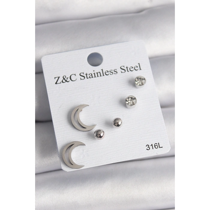 BFS 316L Çelik Gümüş Renk Zirkon Taşlı Hilal Model Kadın Küpe Seti