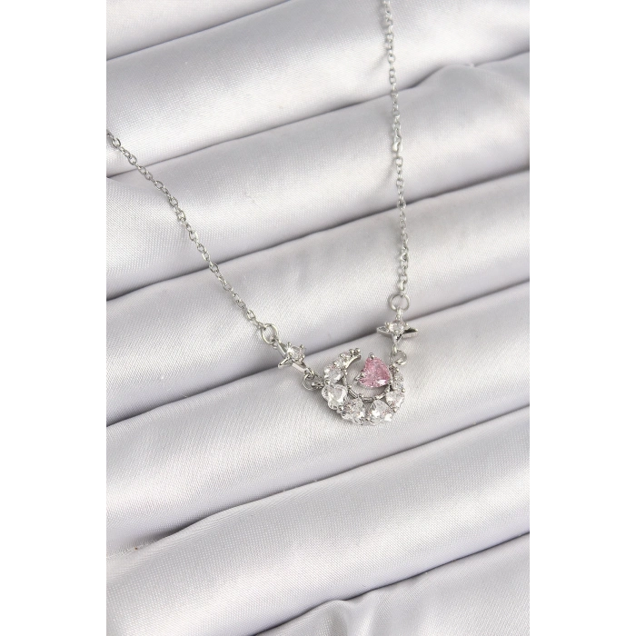 BFS 316L Çelik Gümüş Renk Zirkon Taşlı Hilal Pembe Kalp Model Kadın Kolye