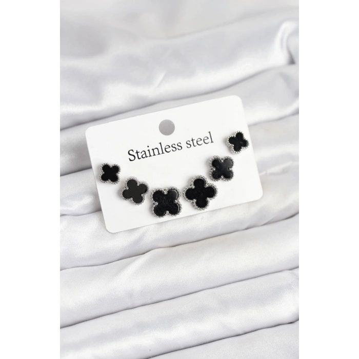 ÇOK SATAN BFS 316L Çelik Gümüş Siyah Renk 3 Boy Yonca Küpe Seti