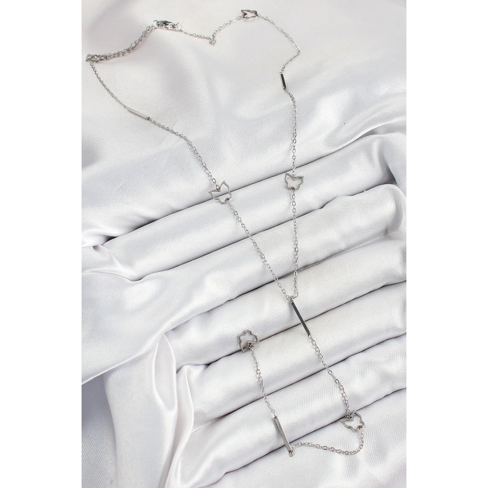 BFS 316L Çelik Kelebek Figürlü Y Model Gümüş Renk Kadın Kolye