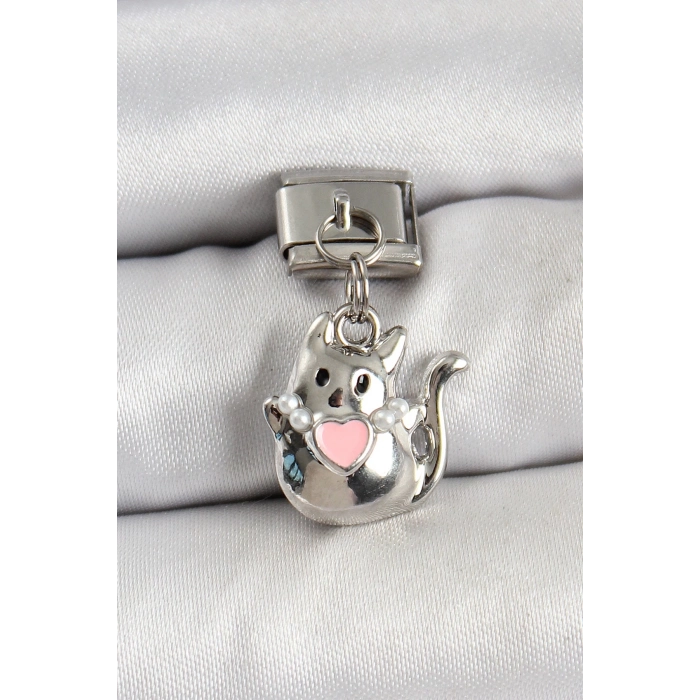 BFS 316L Çelik Sallantılı Kalp Detaylı Kedi Model Gümüş Renk Nomination Charm