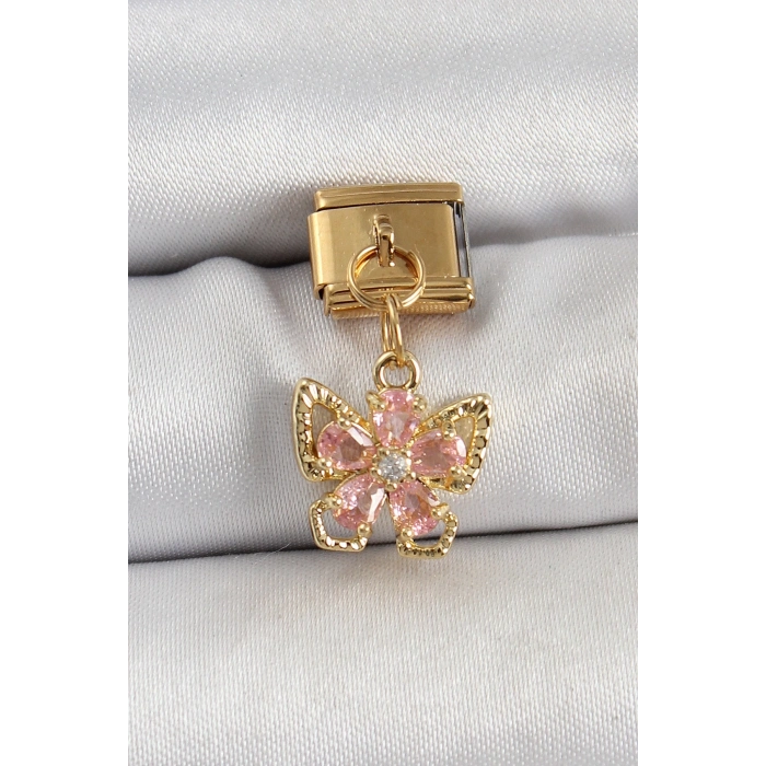 BFS 316L Çelik Sallantılı Zirkon Taşlı Çiçek Figürlü Kelebek Model Gold Renk Nomination Charm