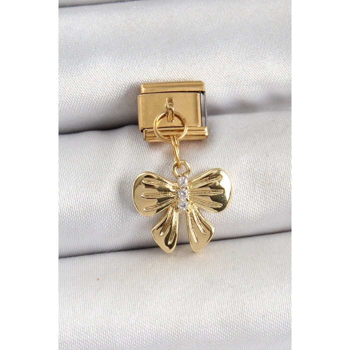 BFS 316L Çelik Sallantılı Zirkon Taşlı Fiyonk Model Gold Renk Nomination Charm